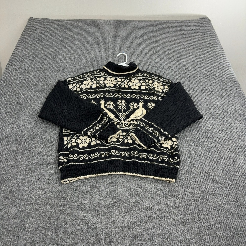 Vintage South Wool Sweater Mens M Black Wool Bird Floral Mock Neck Cottagecore - Picture 3 of 8